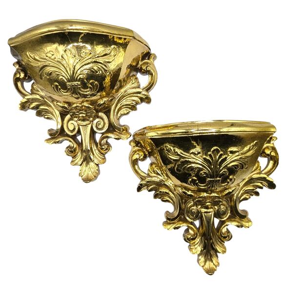 Vintage Hollywood Regency Homco Gold Ornate Plastic Wall Planter Pockets Pair - Picture 2 of 8